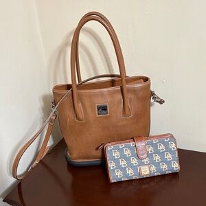 Dooney & Bourke Tan Leather Tote with Monogram Wallet,dust cover.